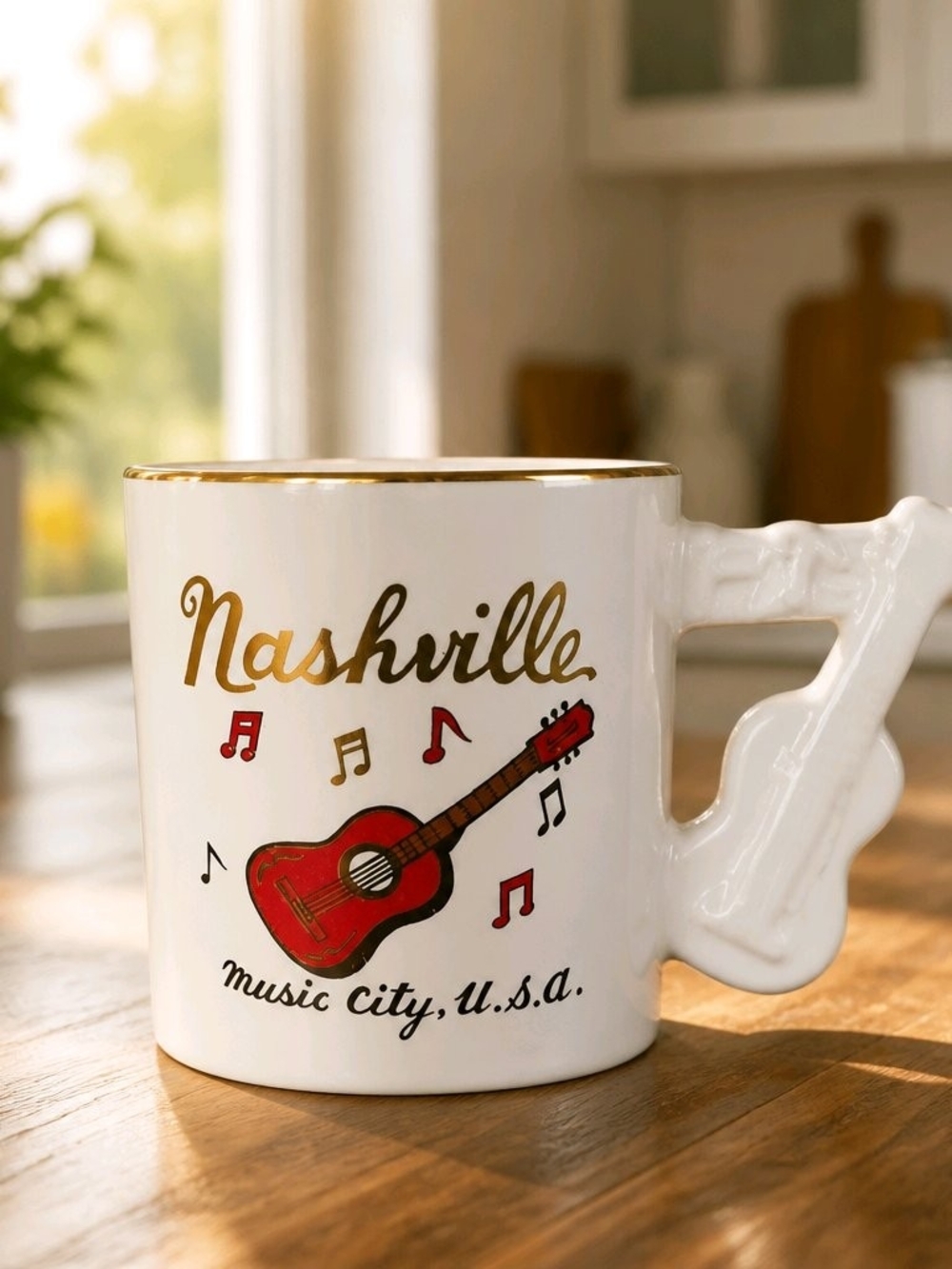 Vintage Nashville Music City 3D Guitar Handle Ceramic Souvenir Coffee Mug